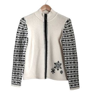 Women Petite M Lambs Wool Zip Up Cardigan Sweater Fair Isle Norwegian Ski Chalet